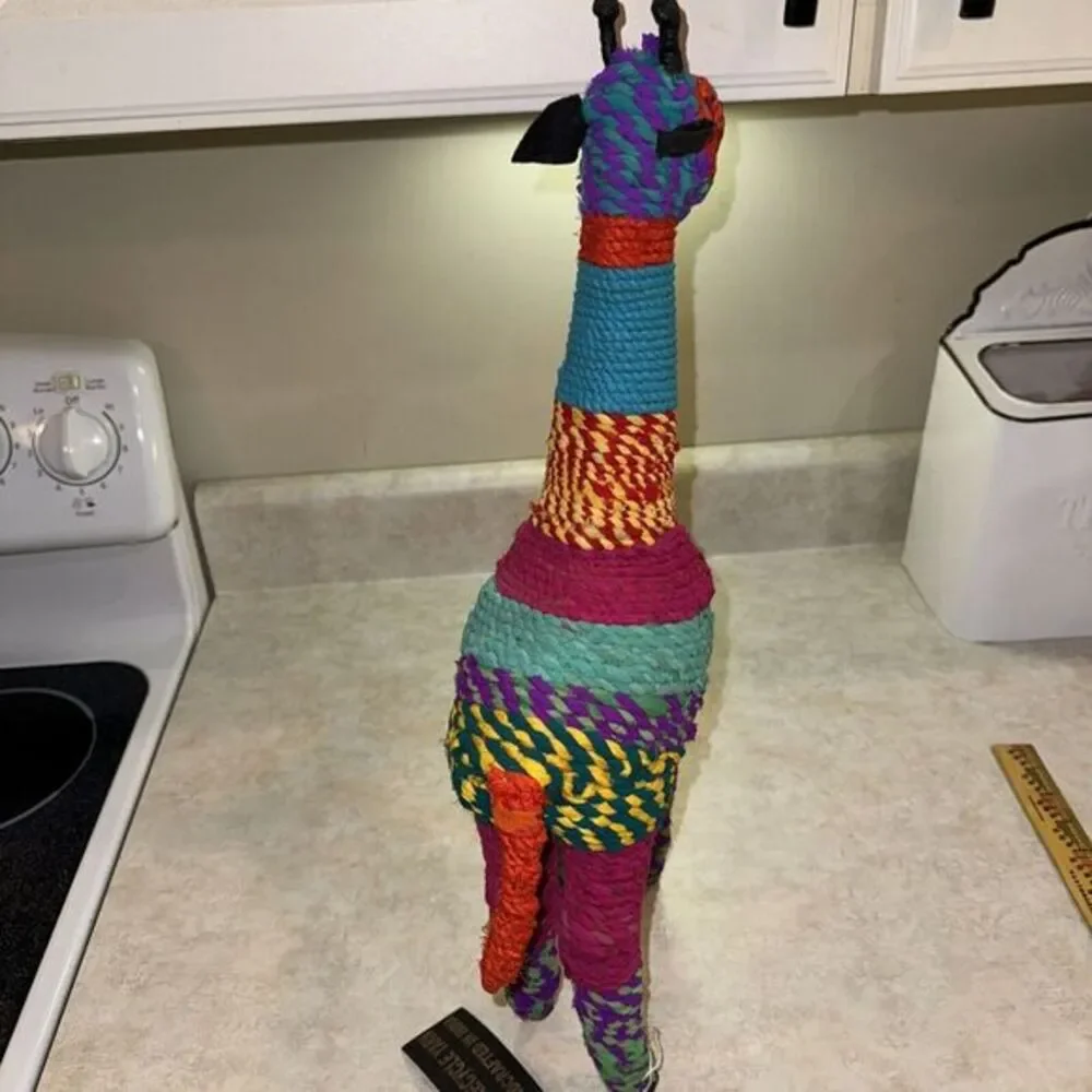 Handcrafted Giraffe Figurine Recycled Yarn Multicolor‎ India Boho Decor 12in